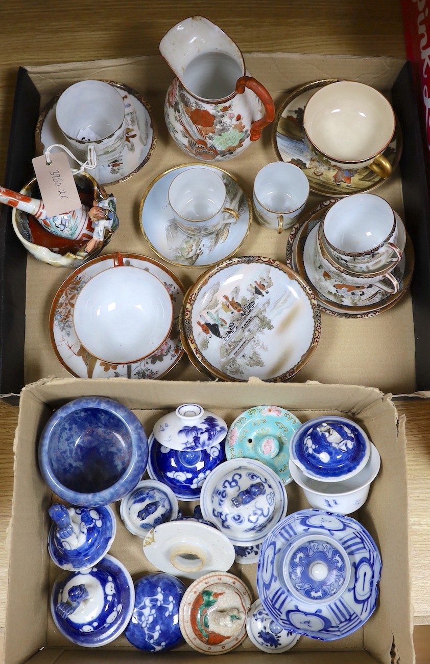 A Japanese Satsuma pottery teacup and saucer, various Japanese excel porcelain cups and saucers and a Sumida bowl together with a group of assorted Chinese porcelain covers and other vessels